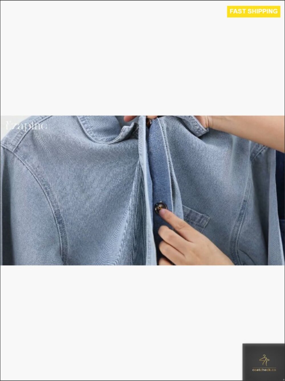 Vintage Washed Denim Jacket Oversized Long Sleeve Button Down Shacket with Tie - Picture 7 of 7